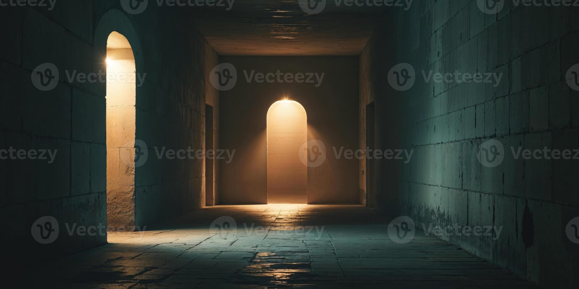Mysterious Dark Corridor Illuminated by Three Lights. photo