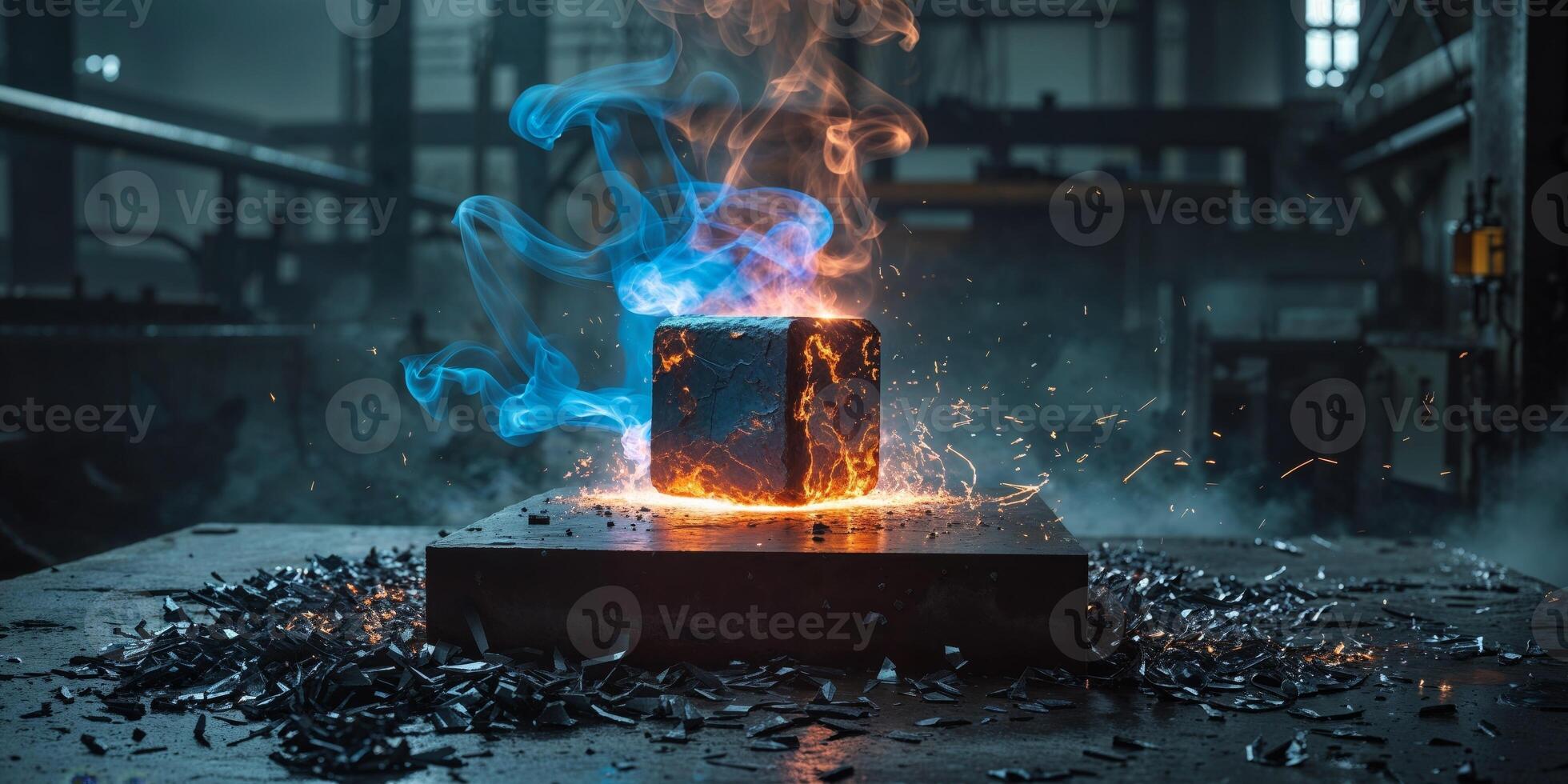 Molten metal casting with glowing cube on industrial table. photo