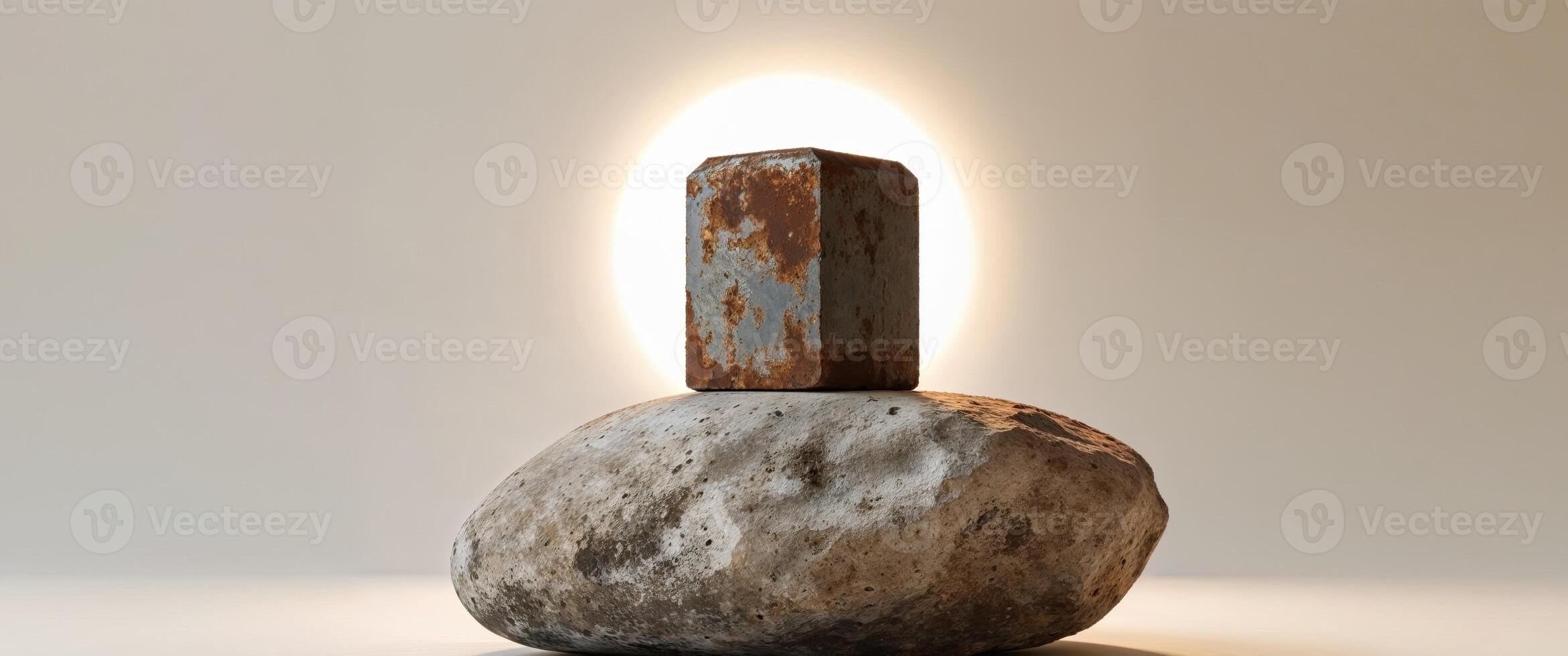 A tight shot of a rock with a rusted metal object embedded in its midst photo