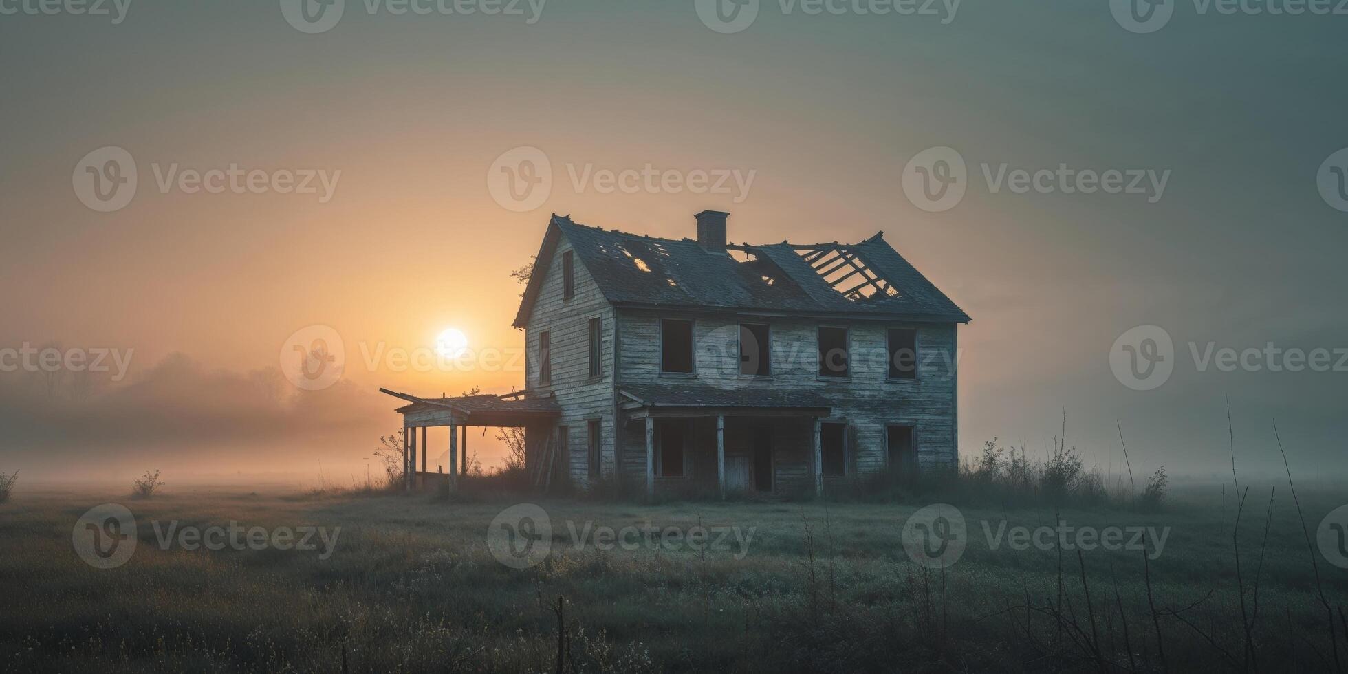 Abandoned farmhouse decaying in foggy field at sunset. photo
