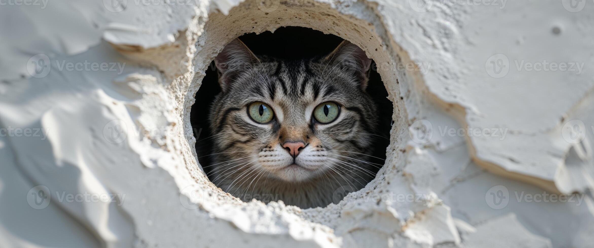 A tight shot of a feline's expressive eyes peering intently from a wall hole. photo