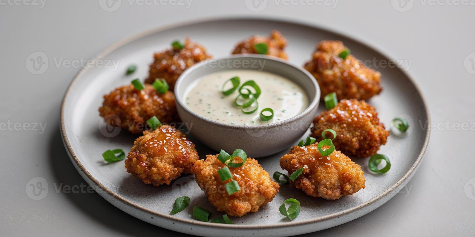 A plate with fried chicken nuggets and dipping sauce photo