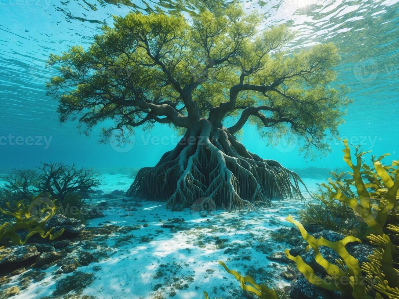 An underwater view of a tree with roots photo