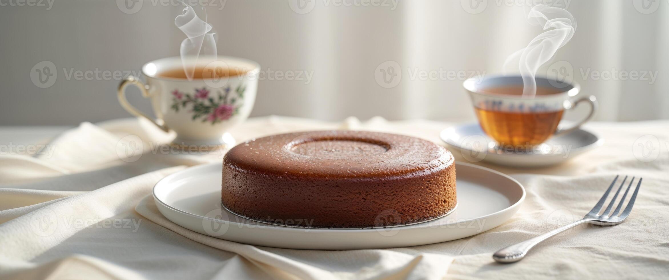 A cake on a plate with two cups of tea photo