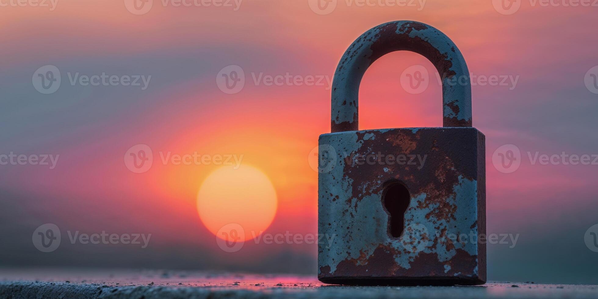 A rusty padlock is seen in front of a sunset photo