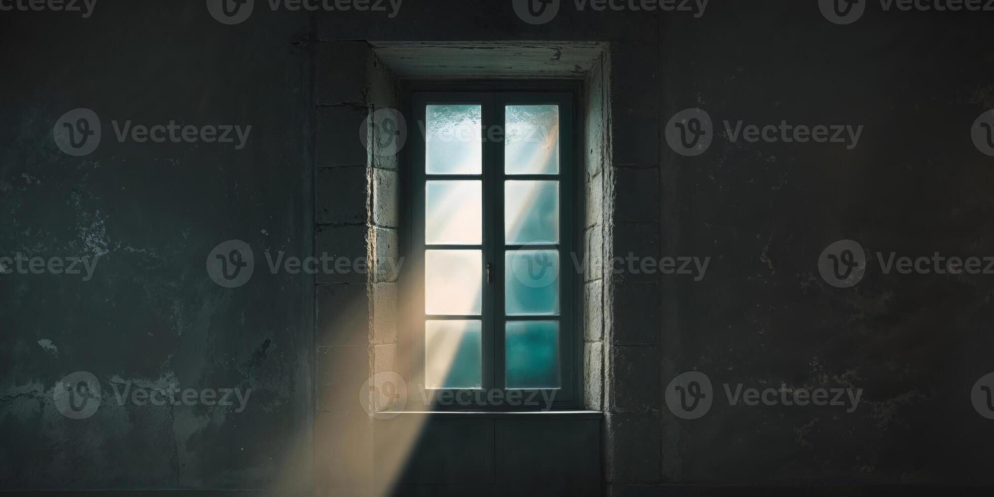 A dark room with a window and sunlight shining through photo