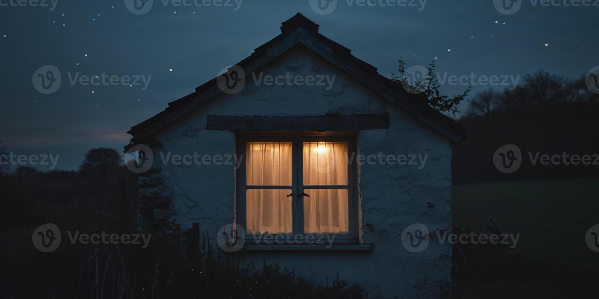 A small cottage with a window lit up at night photo