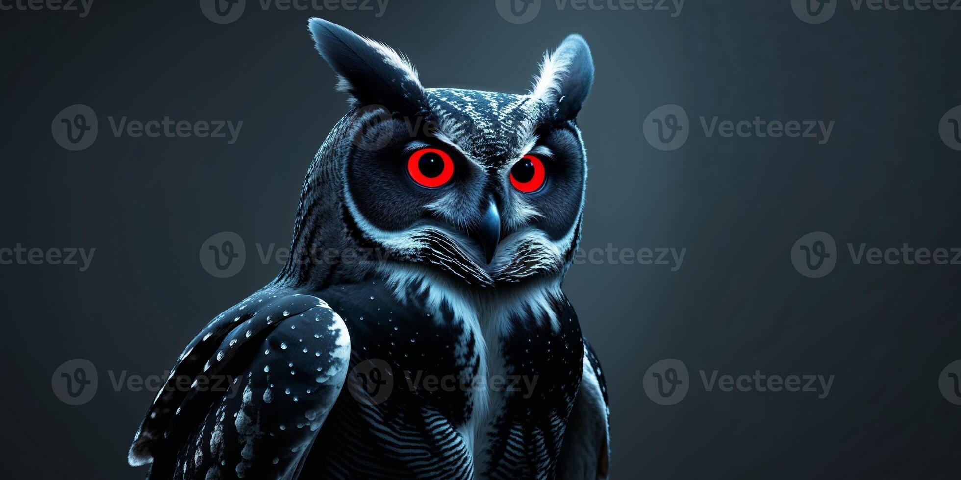An owl with red eyes is shown in this image photo
