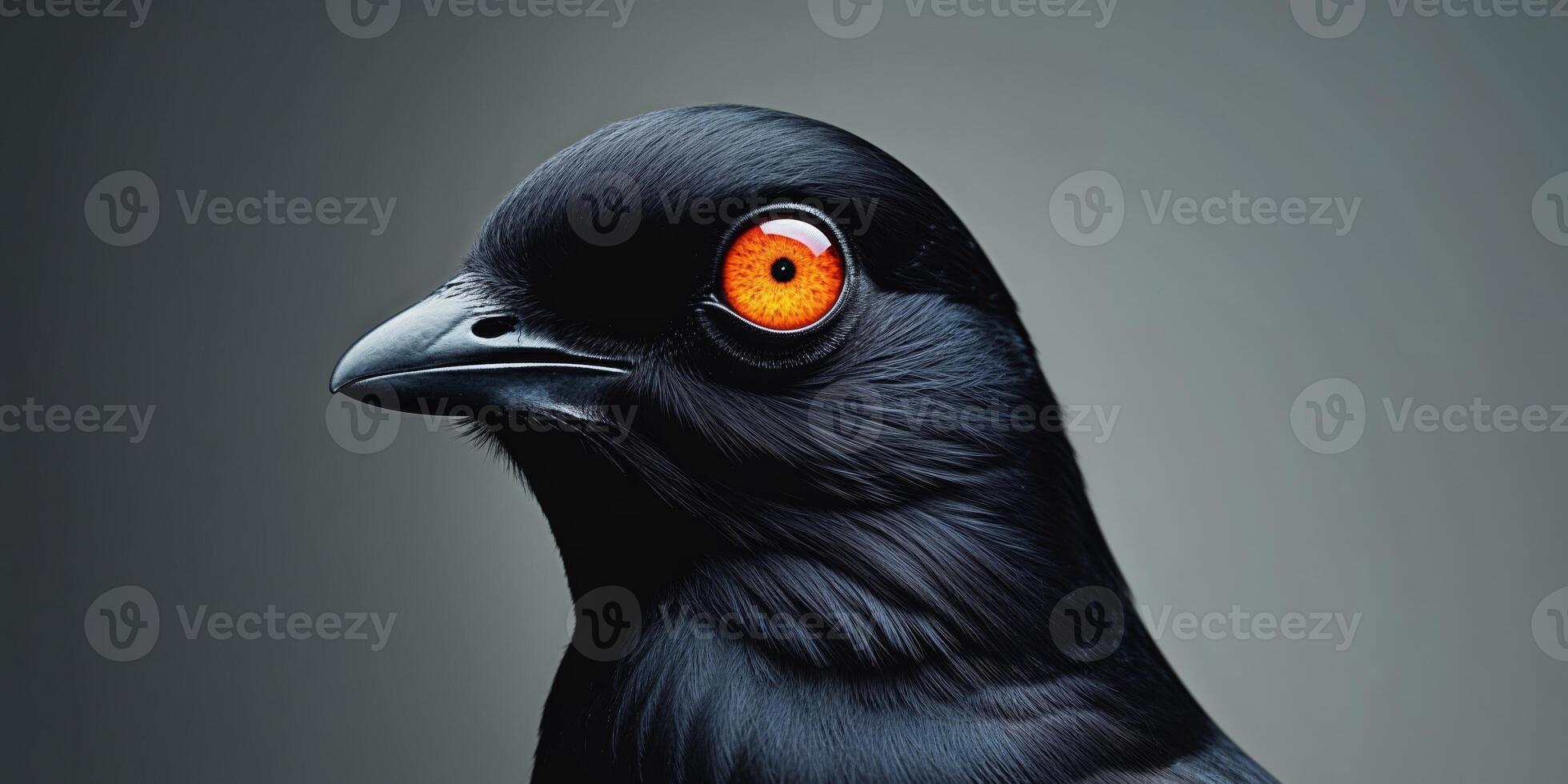 A close up of a black bird with orange eyes photo