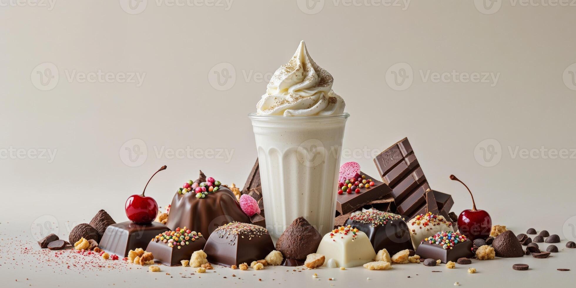 A milkshake with chocolate and cherries on a white background photo