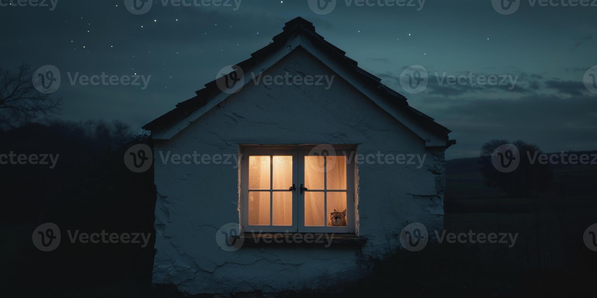 A small house with a window lit up at night photo