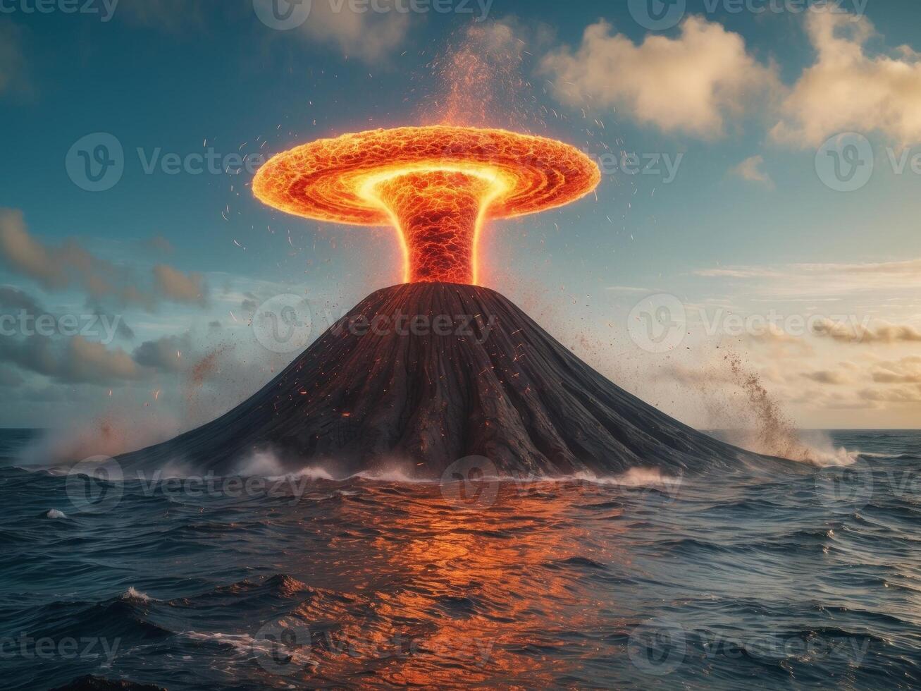 A volcano erupting into the ocean with lava coming out photo