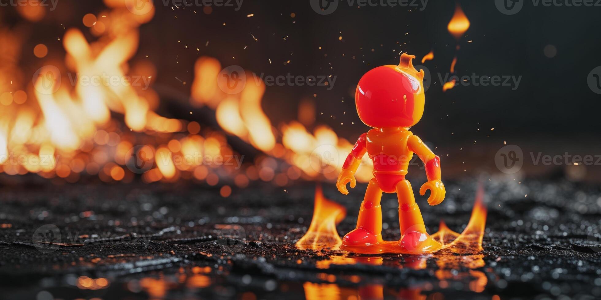 A small orange figure standing in front of a fire photo