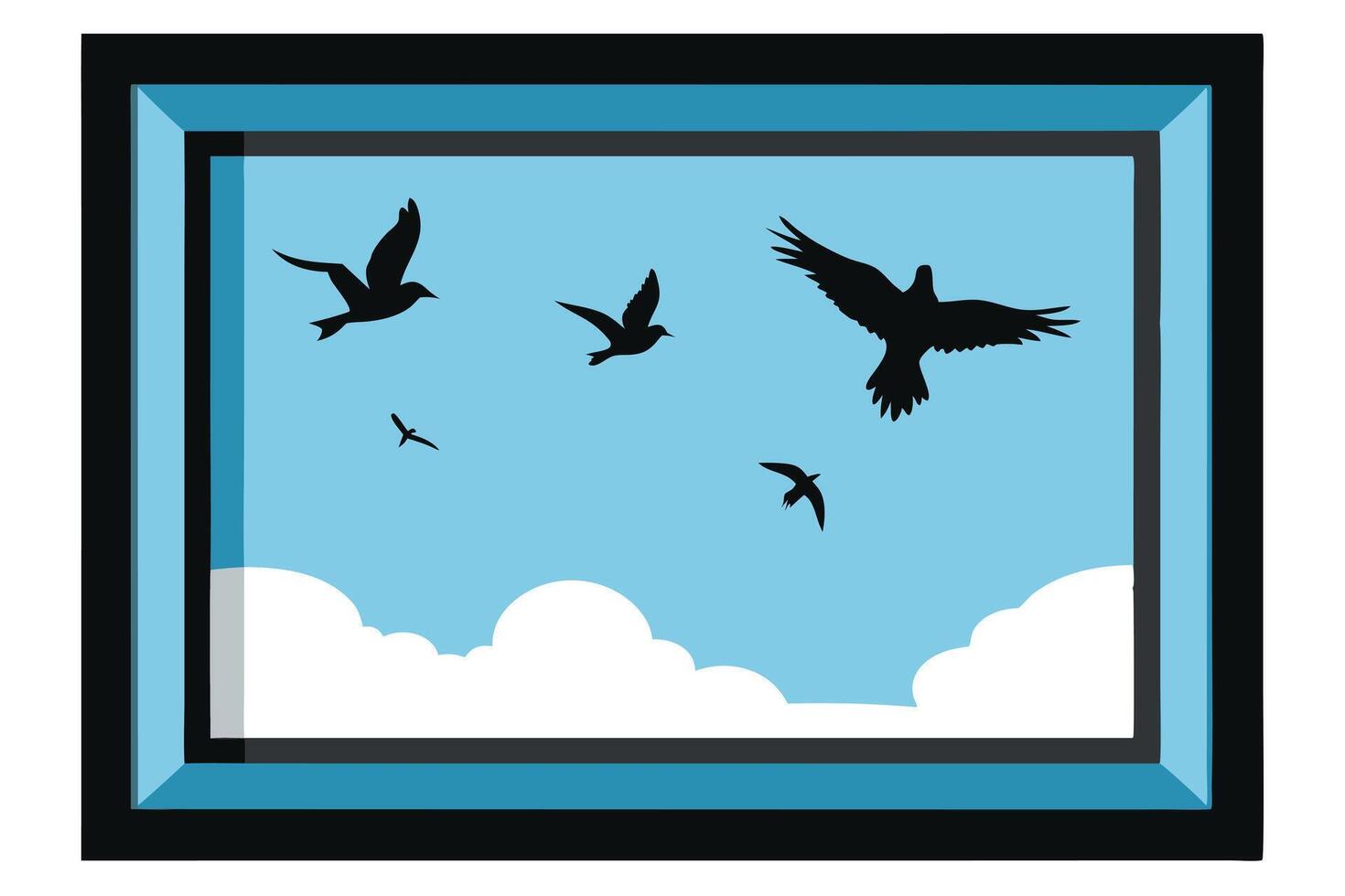 Birds Flying Silhouette Framed In Blue Sky and Clouds Window Style Design vector