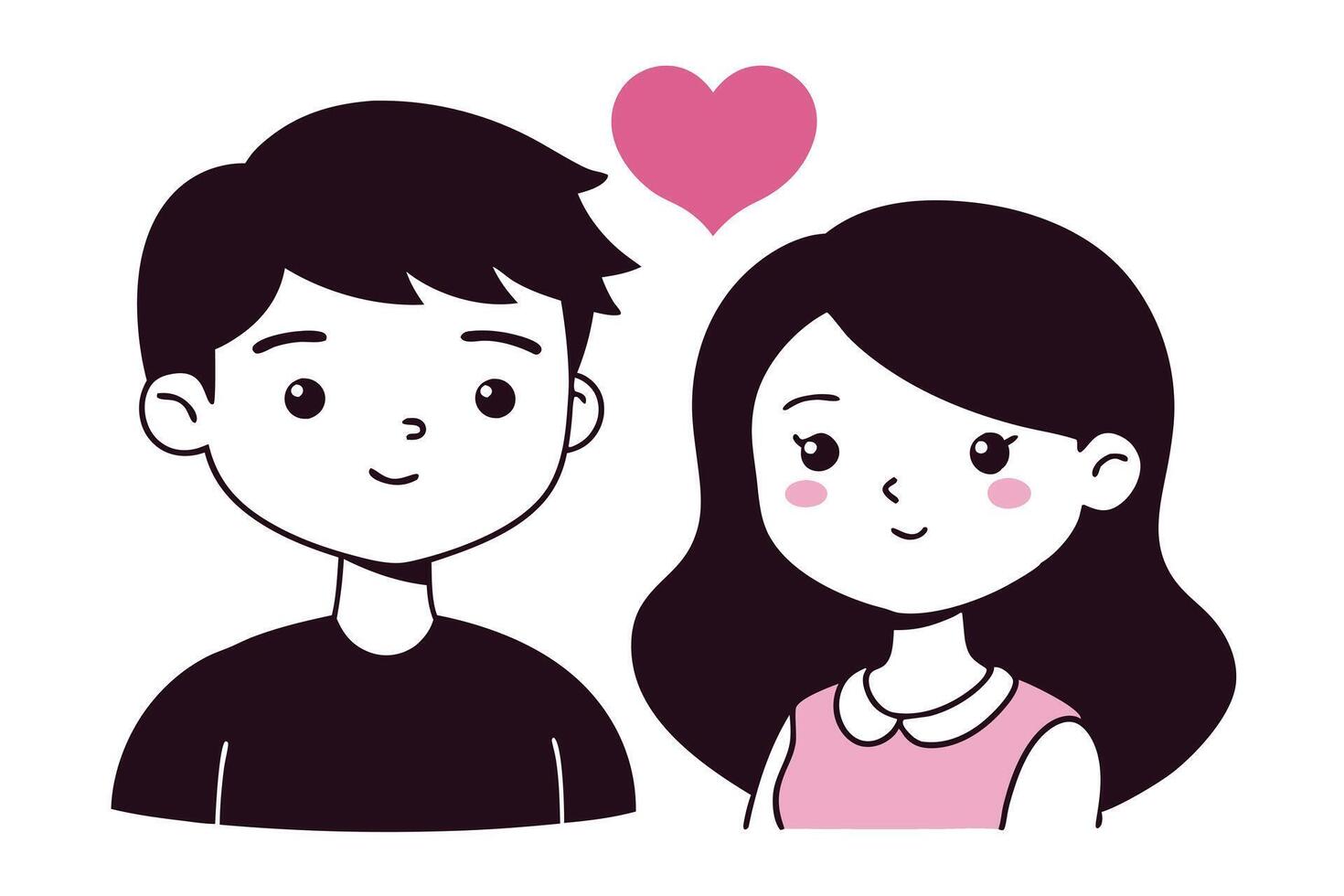Cute Cartoon Couple Illustration, Smiling Faces, Pink Heart, Simplified Characters vector