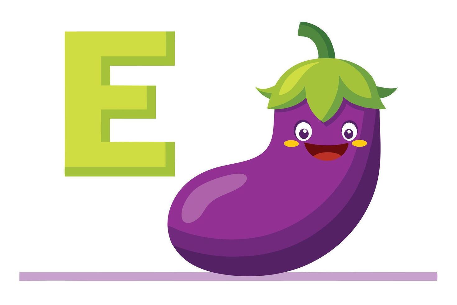 Cartoon Letter E with Smiling Eggplant Character and Green Topping vector