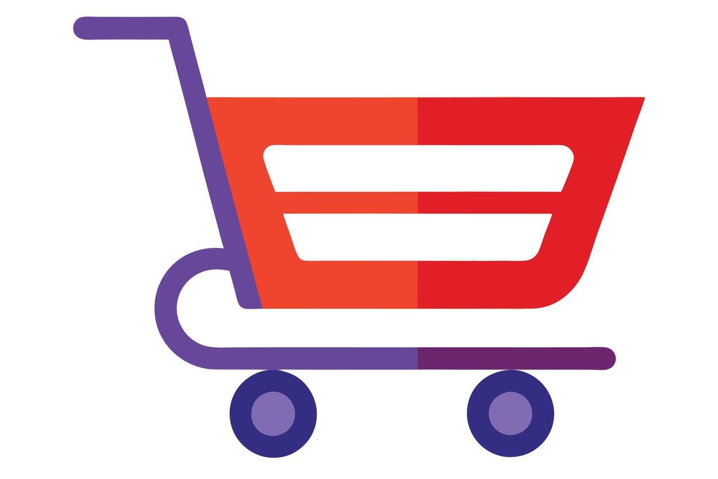 Red and Orange Shopping Cart Icon with Purple Handles and Wheels on White Background vector