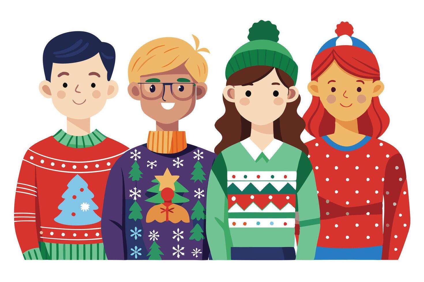 Four People in Ugly Christmas Sweaters with Holiday Designs on White Background vector