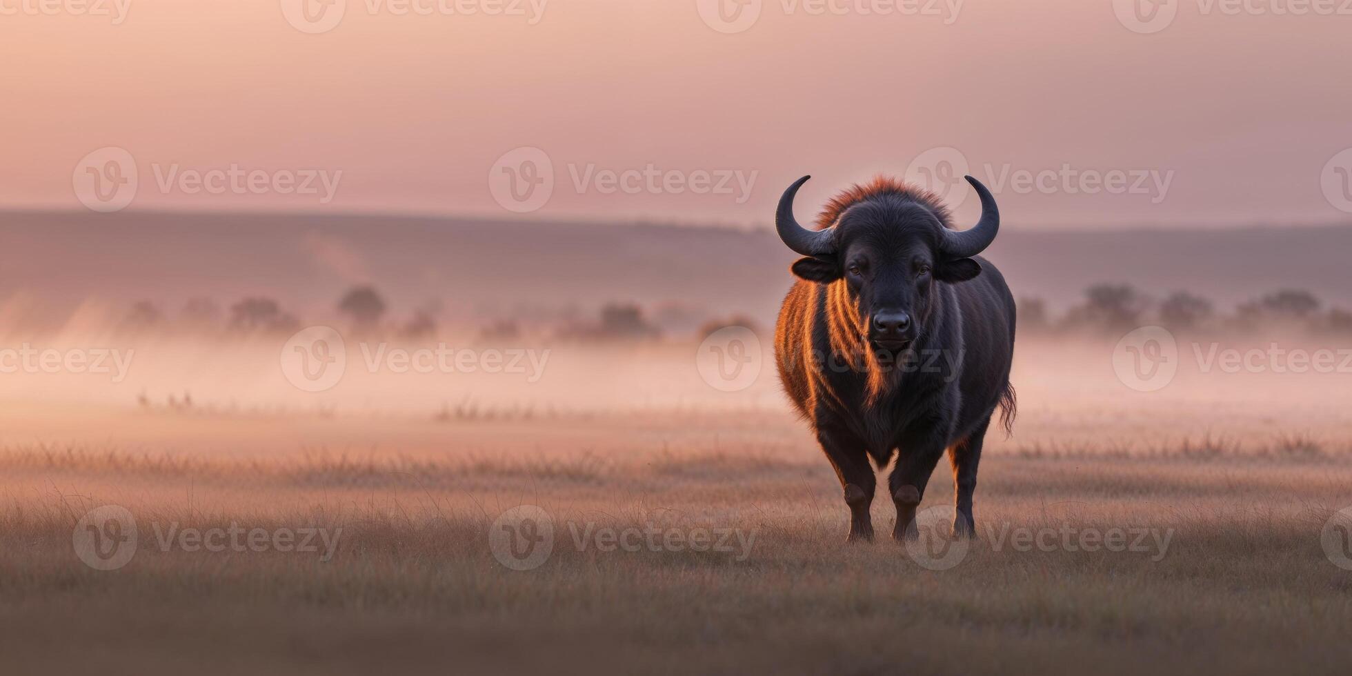 A buffalo standing in a field with fog in the background photo
