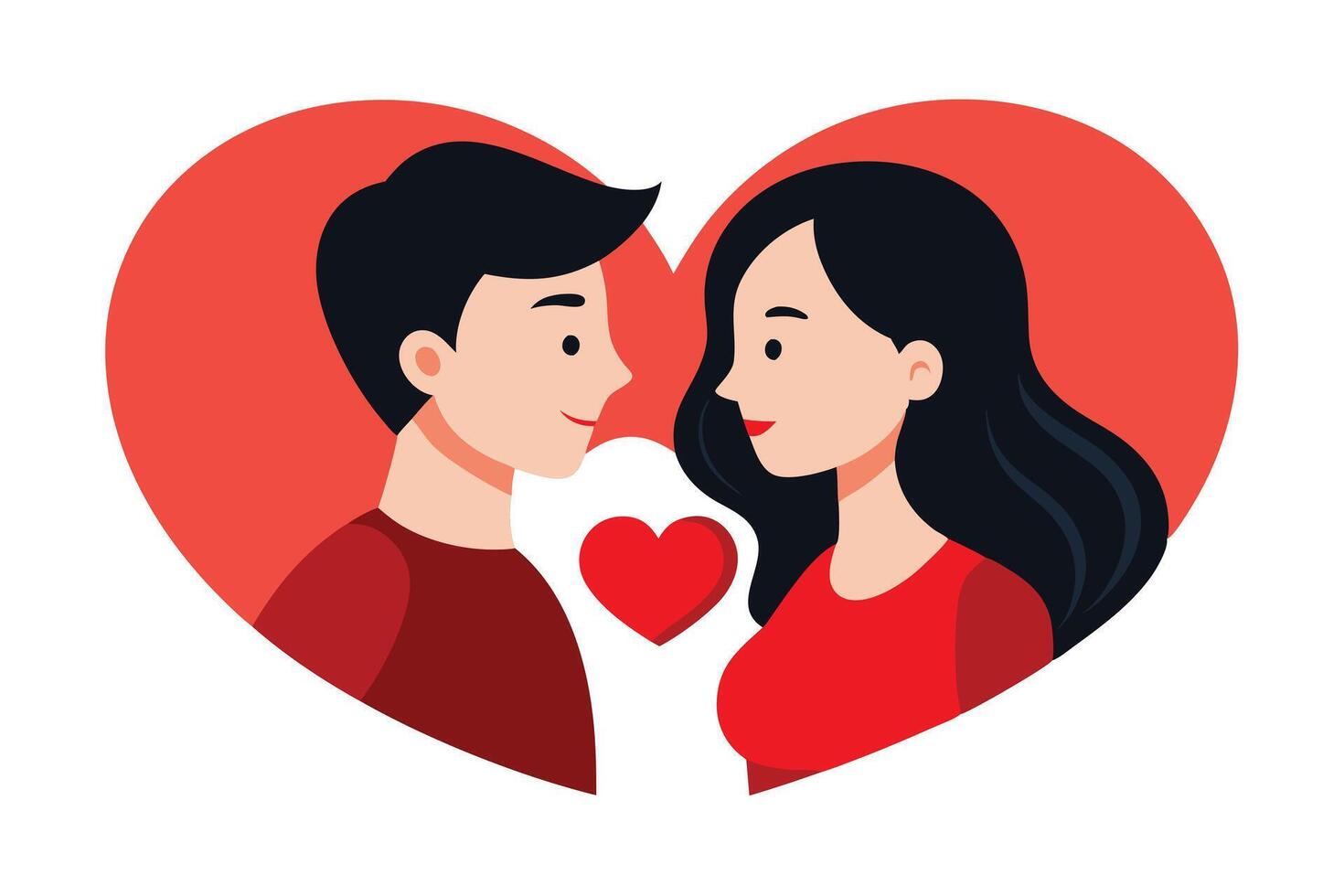 Flat of Young Couple, Face to Face, in Red Heart Silhouette vector