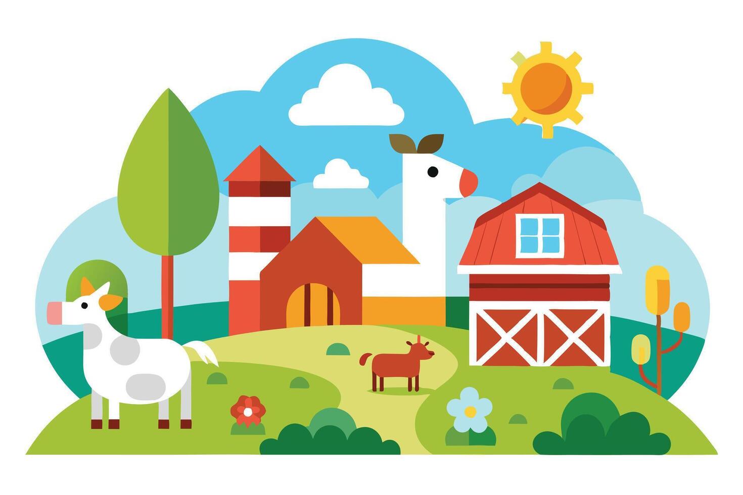 Cartoon Farm with Barn, Silo, Cow, Horse, and Sun Under a Cloudy Sky vector