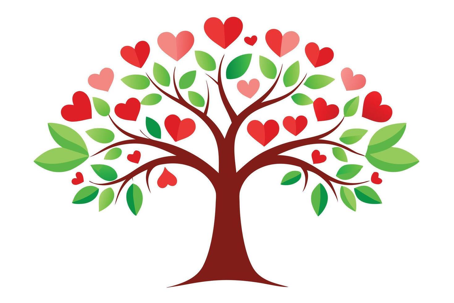 Heart Tree with Red Hearts, Green Leaves and Brown Branches on White Background vector