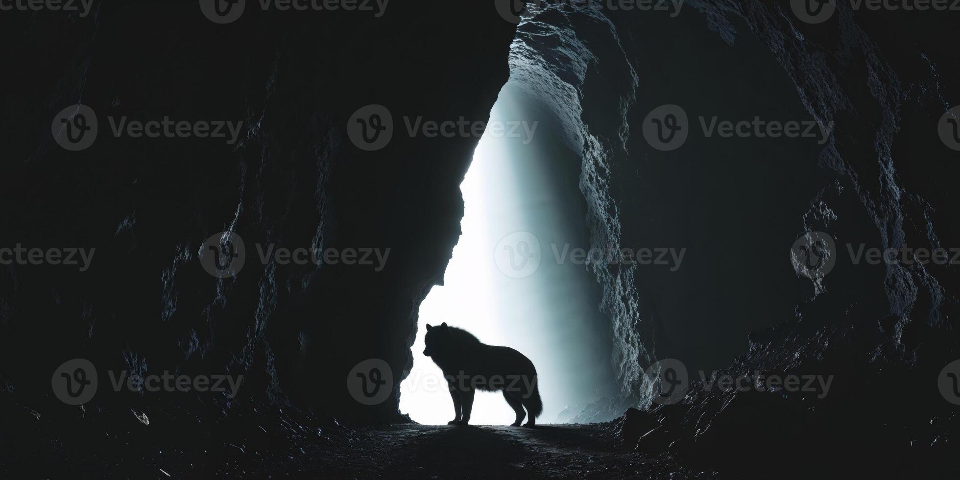 A lone wolf standing in a dark cave photo