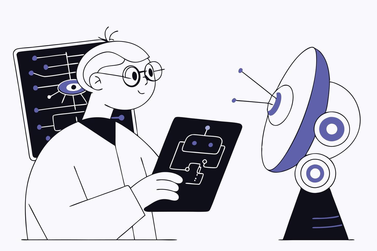 Man in Lab Coat Holds Tablet with Robot Design and Satellite Dish vector