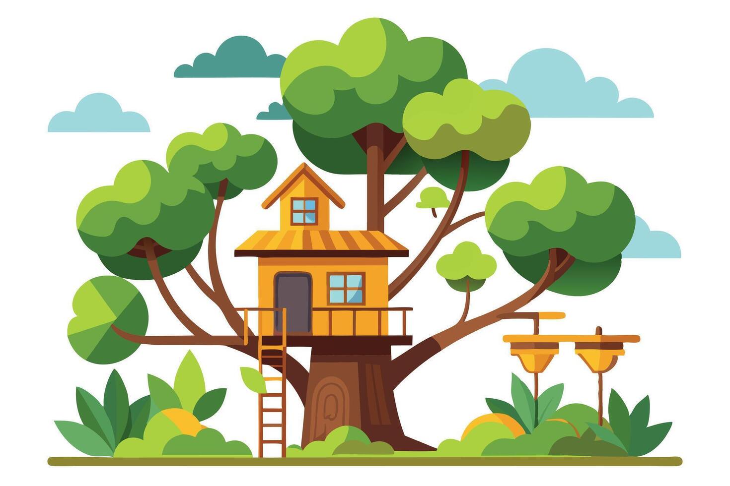 Whimsical Treehouse with Ladder, Foliage, and Blue Sky Accents vector
