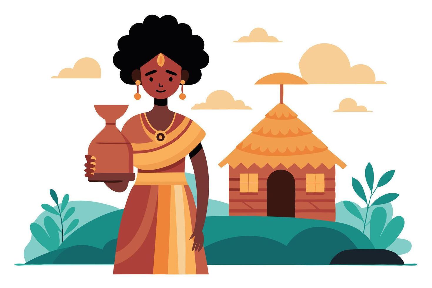 African Woman with Pot Hut and Landscape on White Background vector