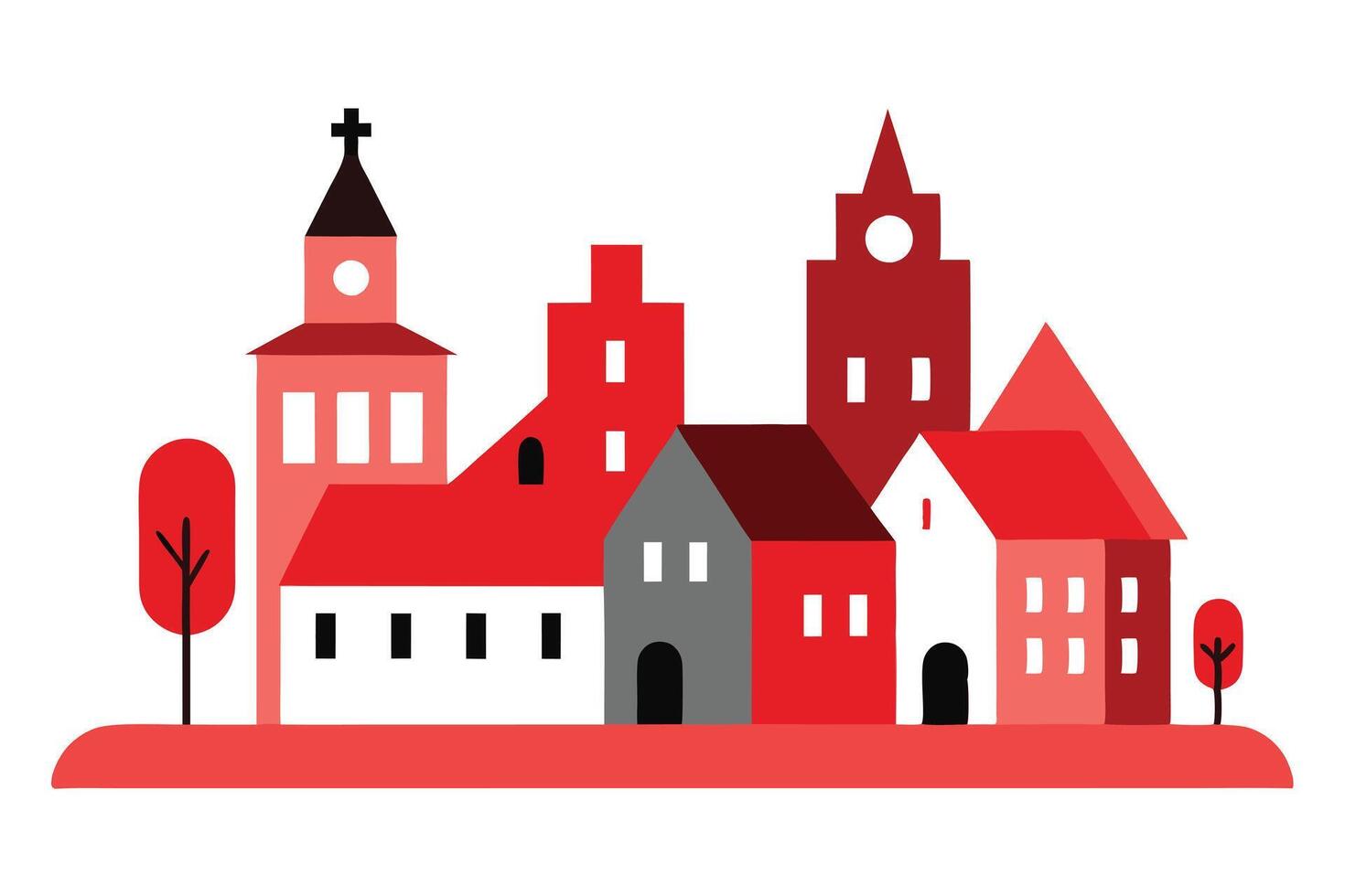 Minimalist Red Buildings, Church, Trees, Landscape Silhouette on White Background vector