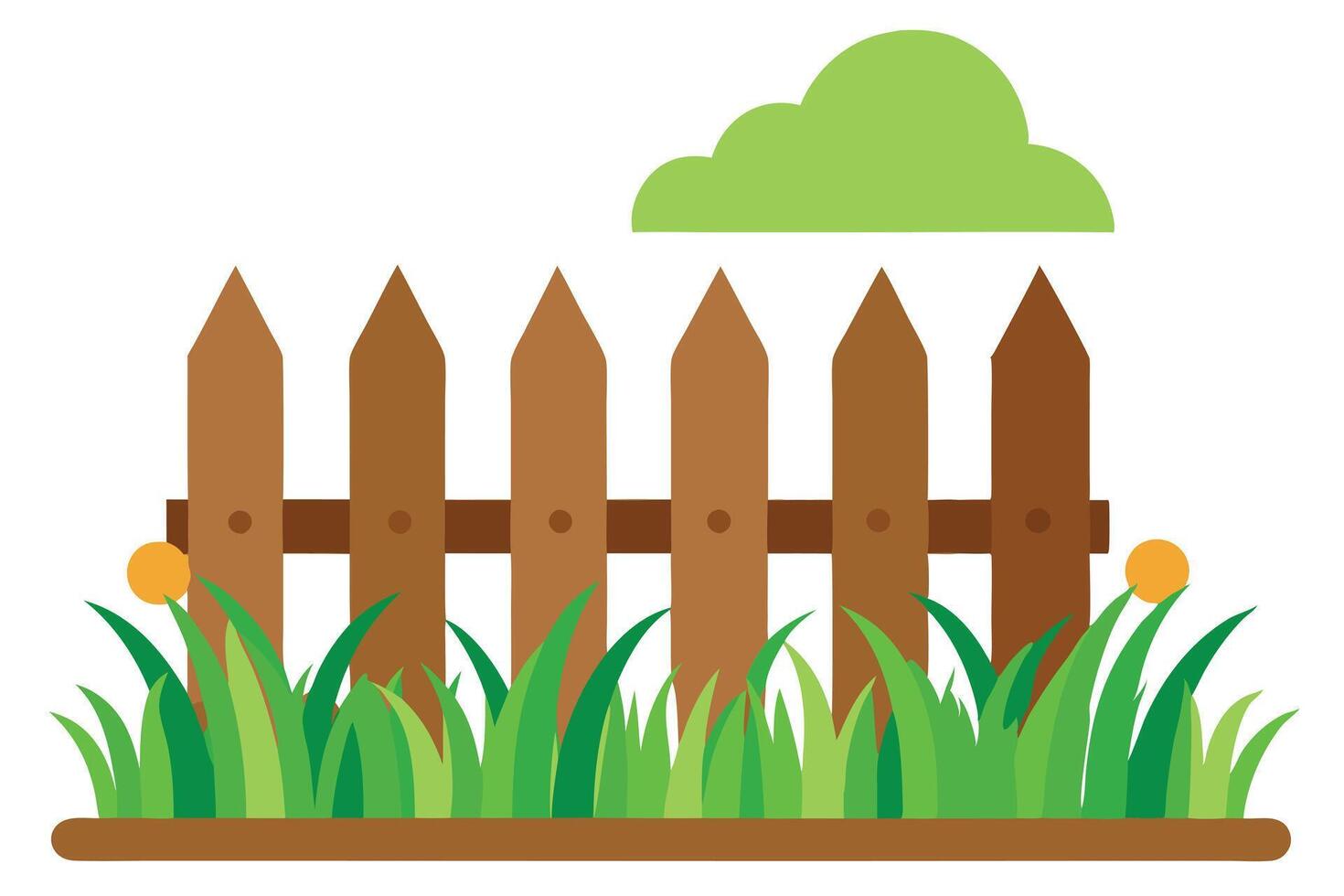 Cartoon wooden fence with green grass and decorative plants on white background vector