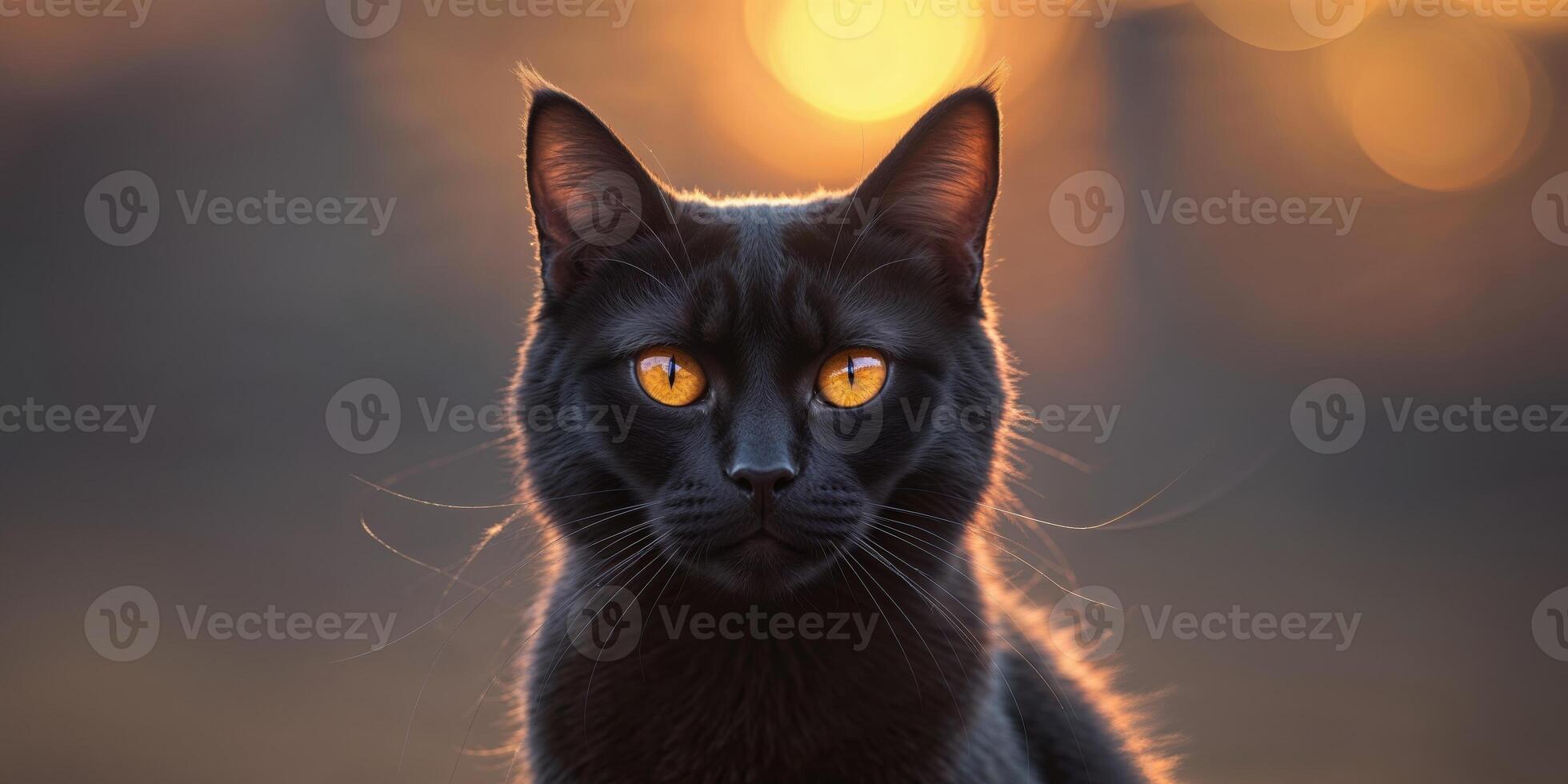 Enigmatic Black Cat with Striking Amber Eyes in Warm Sunset Glow photo