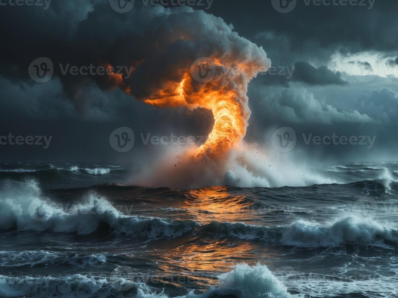Fire tornado emerging from ocean during storm with. photo
