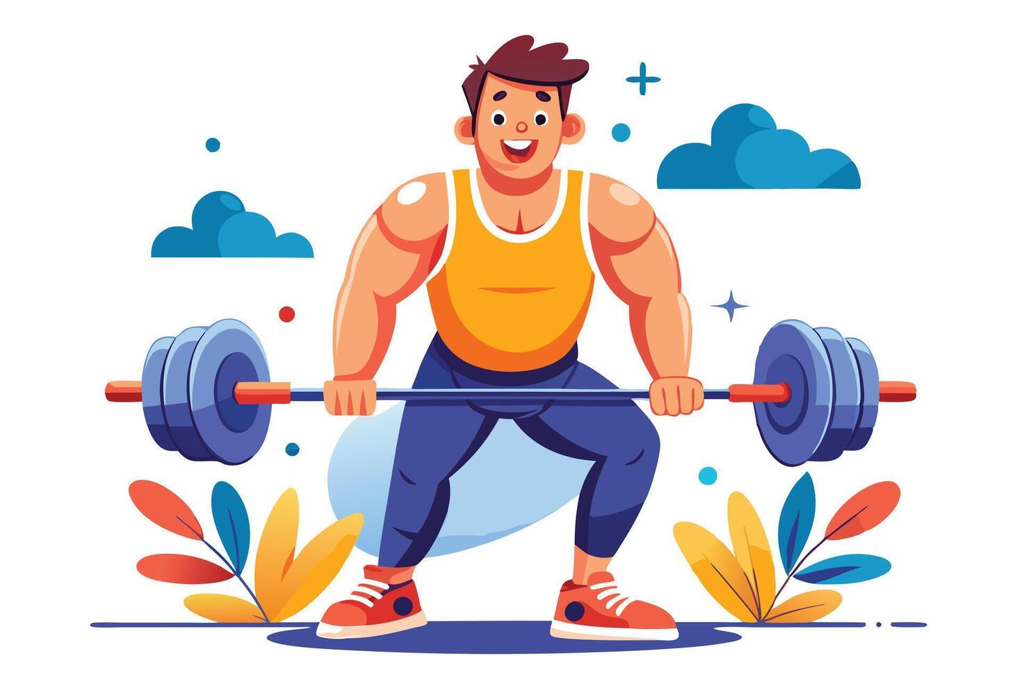 Cartoon style muscular man lifting heavy barbell with floral accents on white vector