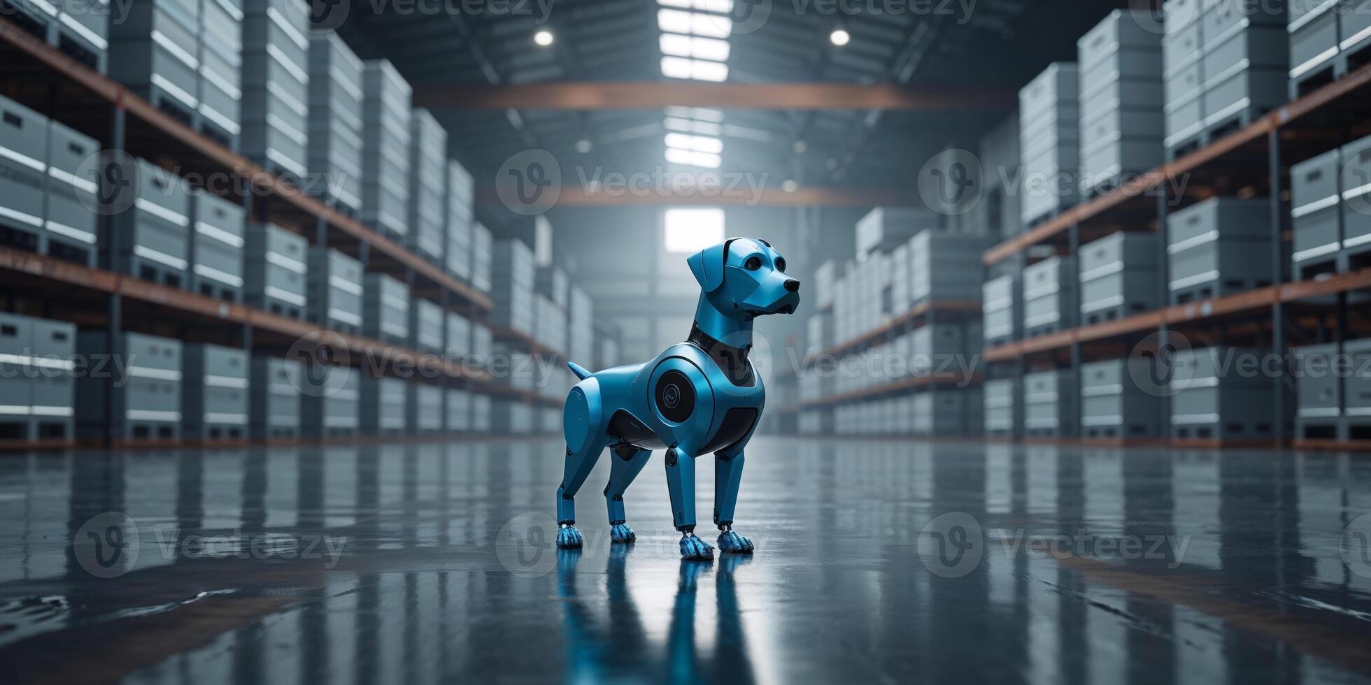 Modern blue robot dog in a large warehouse setting with high shelves work dark smart floor future. photo