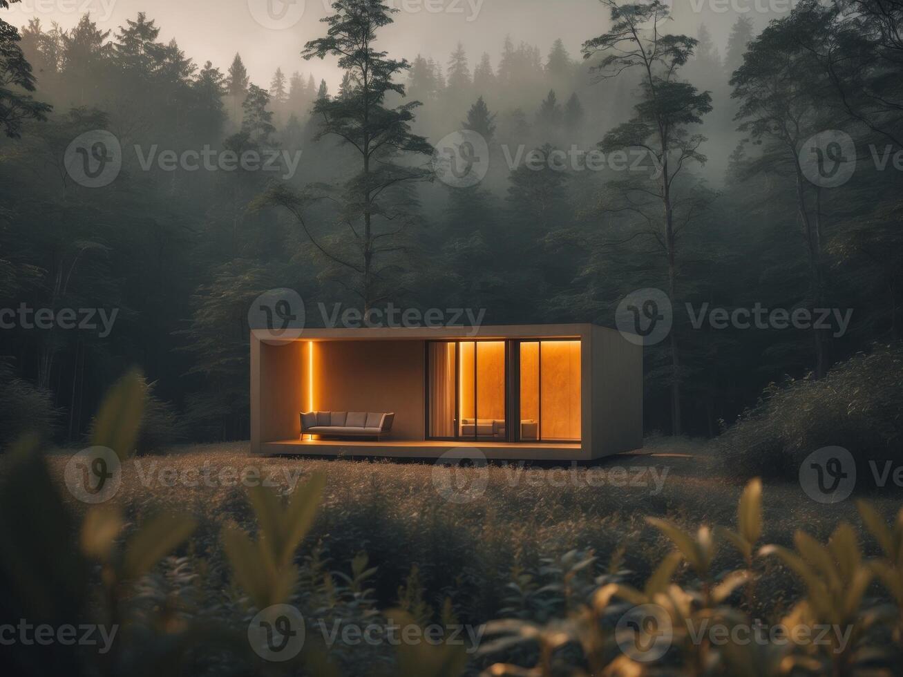 Modern cabin glowing in the woods during a. photo