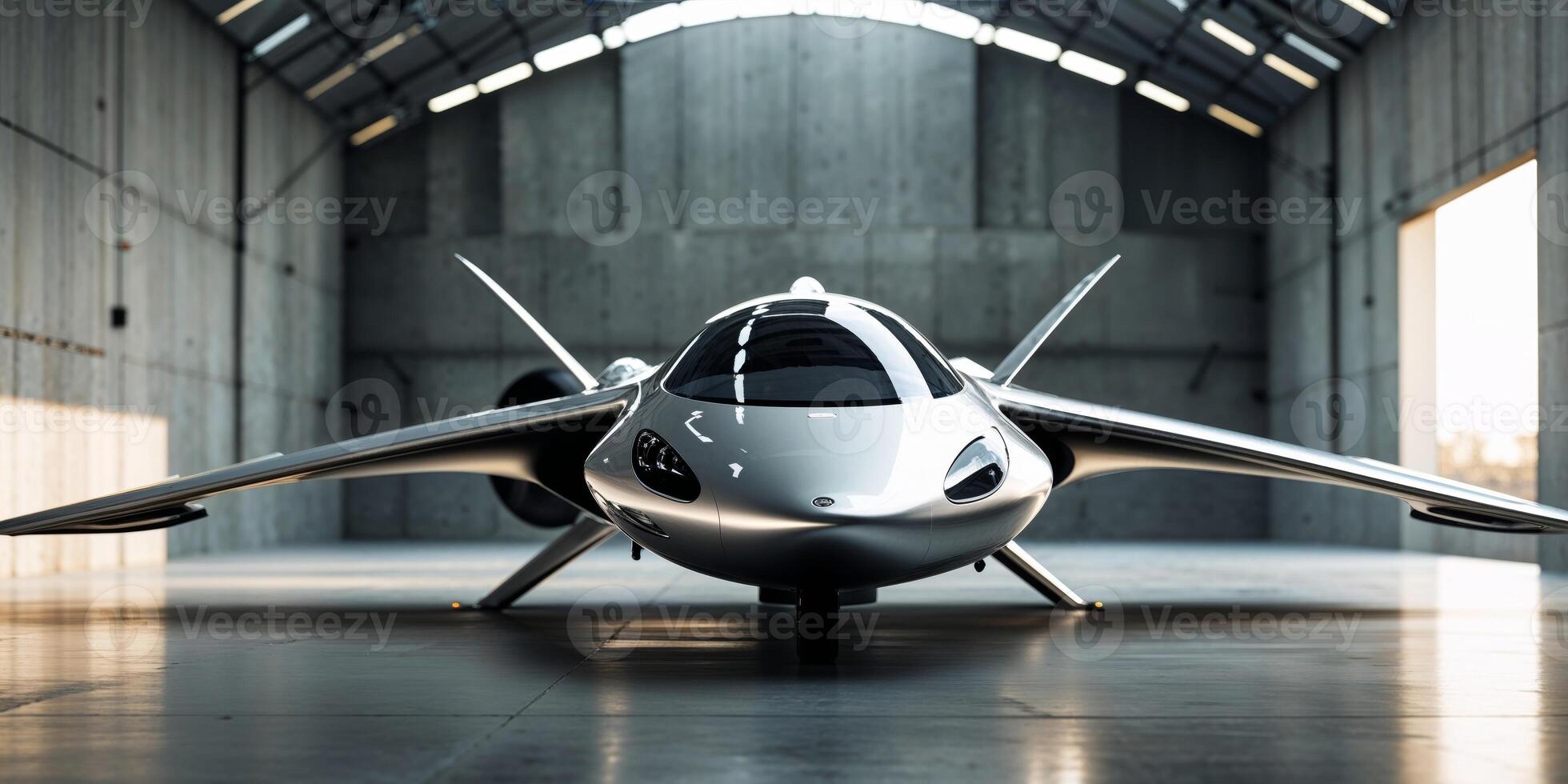 Futuristic flying vehicle at modern hangar. photo