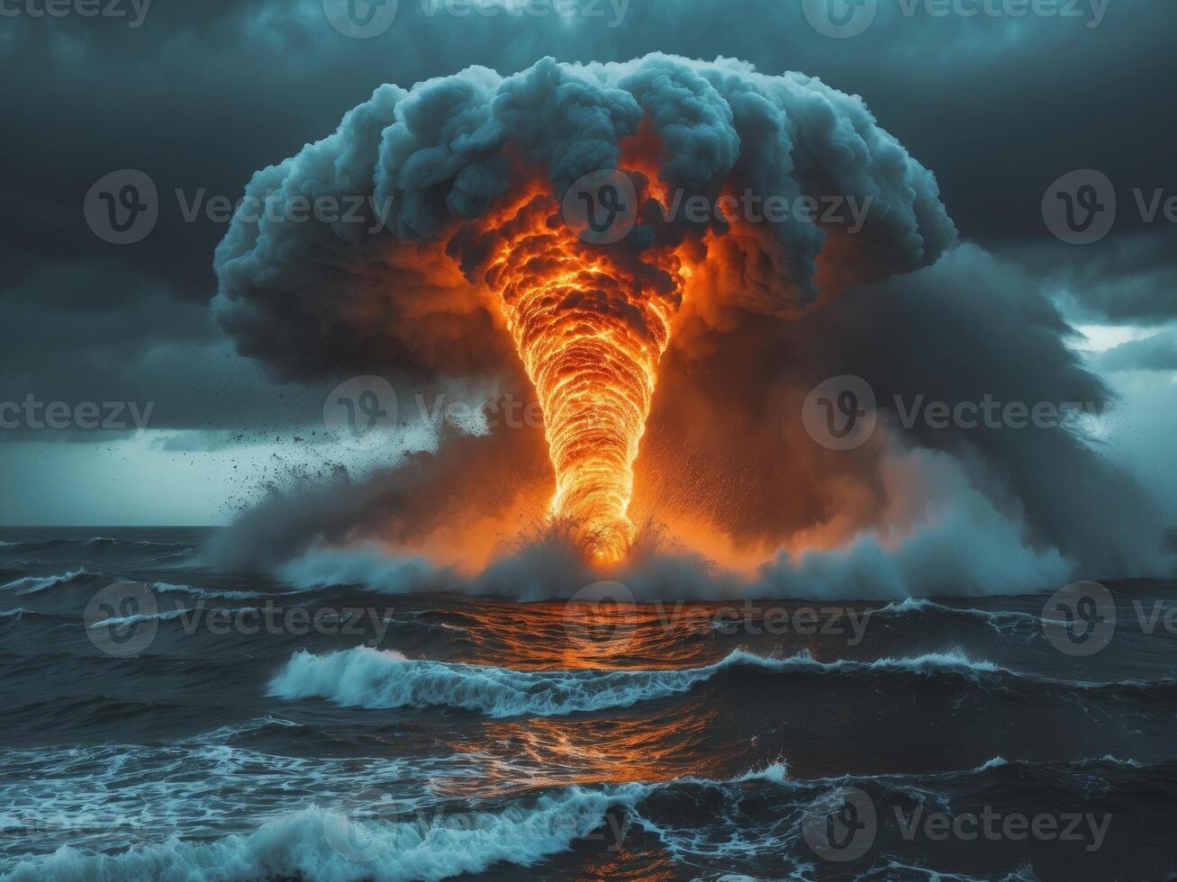 Fire tornado emerging from ocean during storm with photo