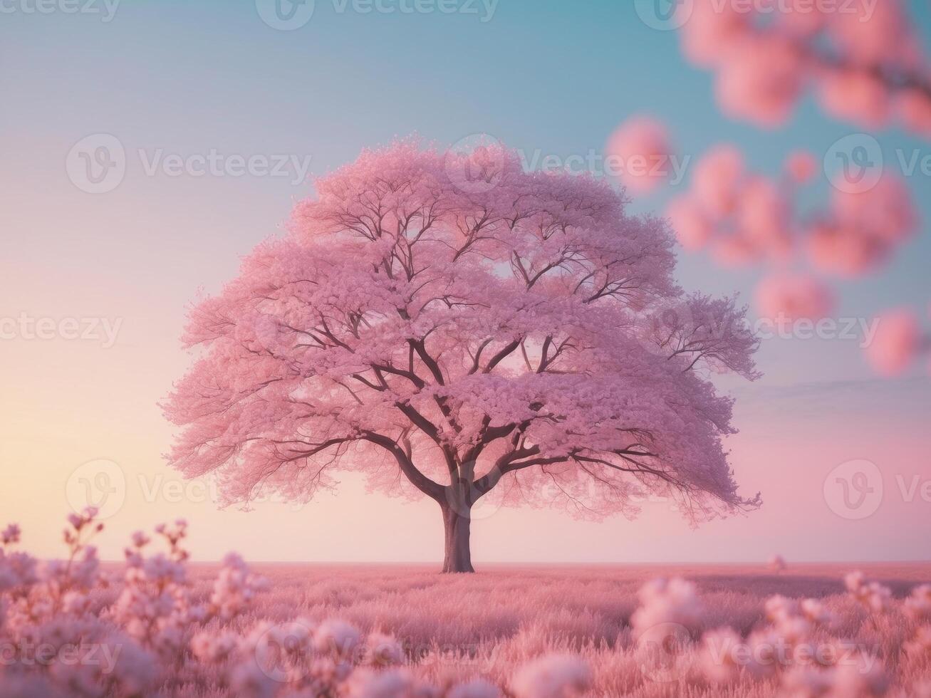 Serene Pink Landscape with Blooming Tree and Setting Sun. photo