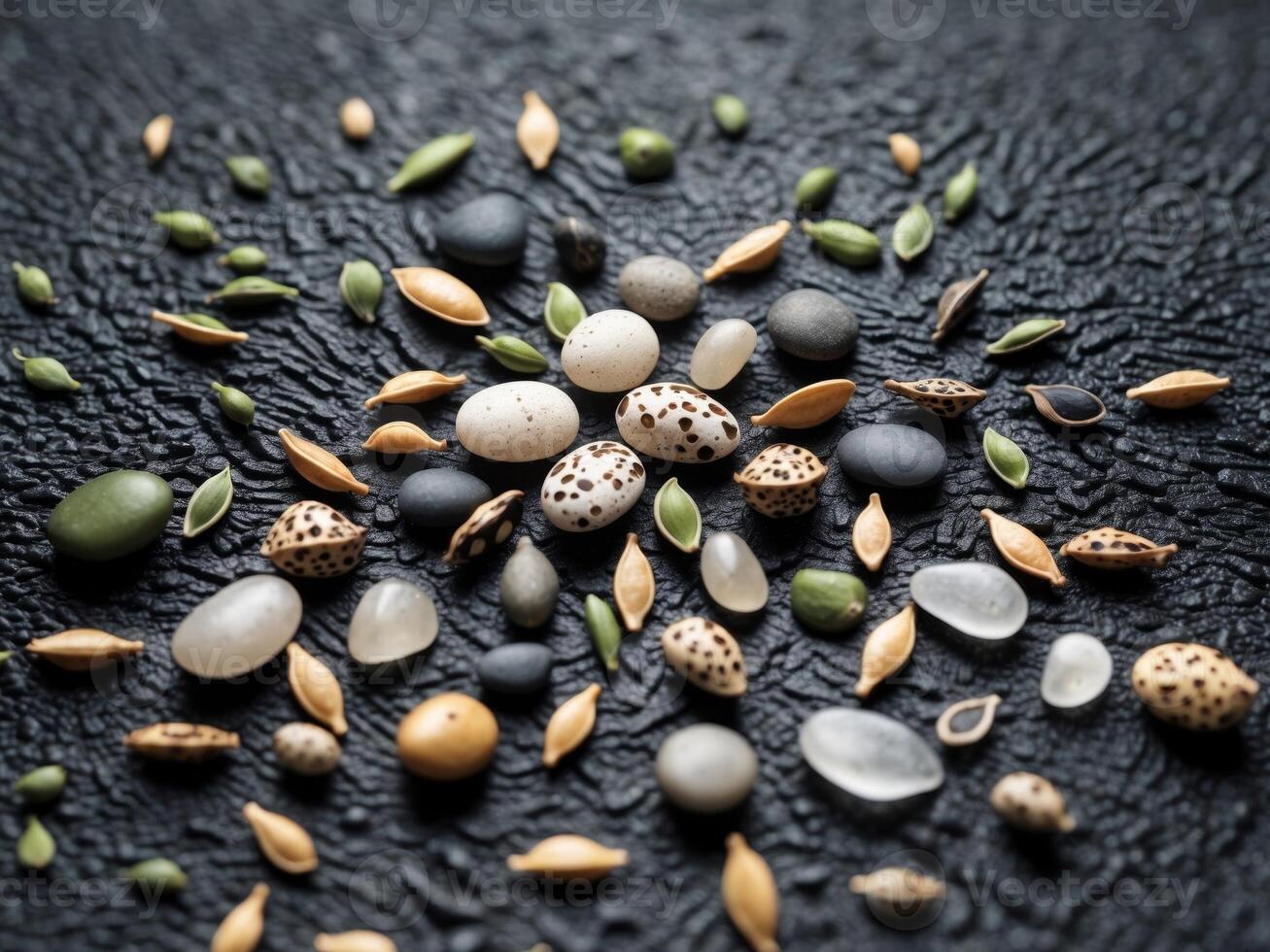 A variety of seeds and nuts on a black surface photo