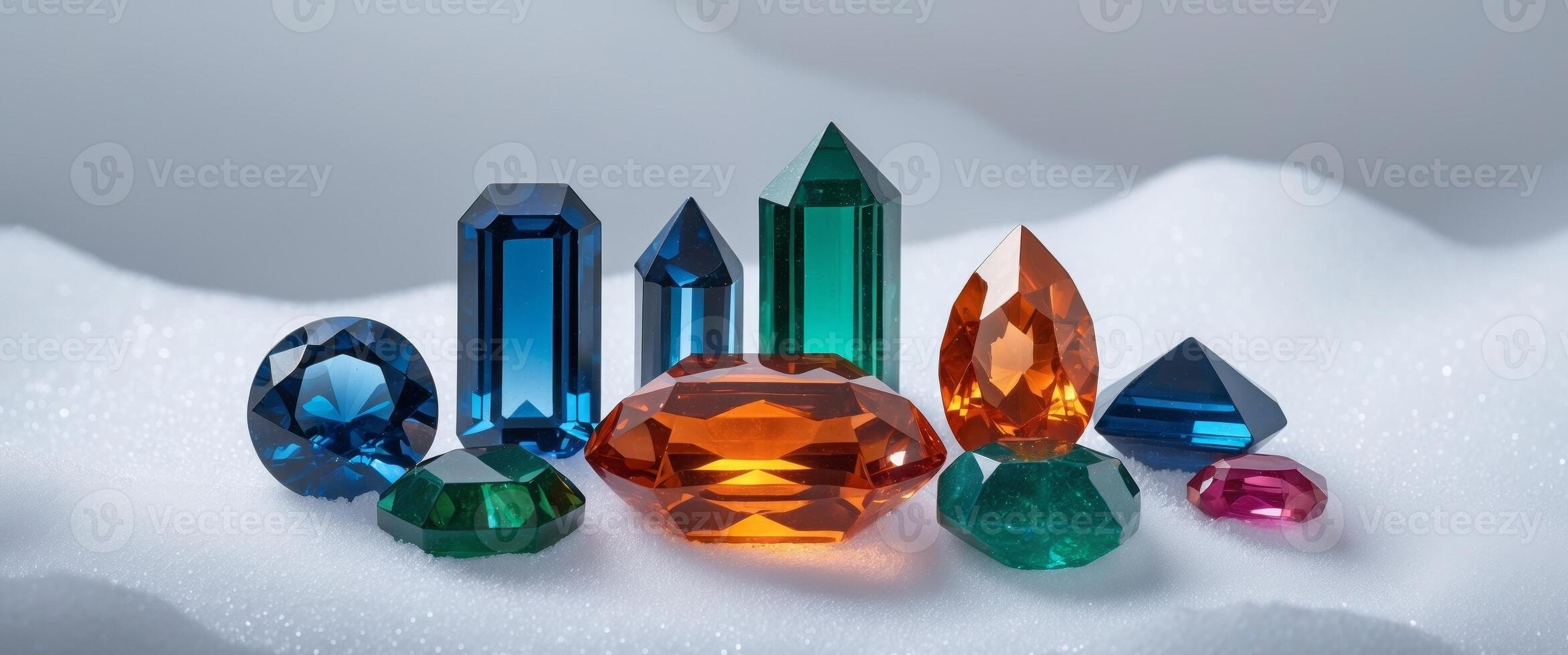 A group of colorful crystals sitting on a white surface photo