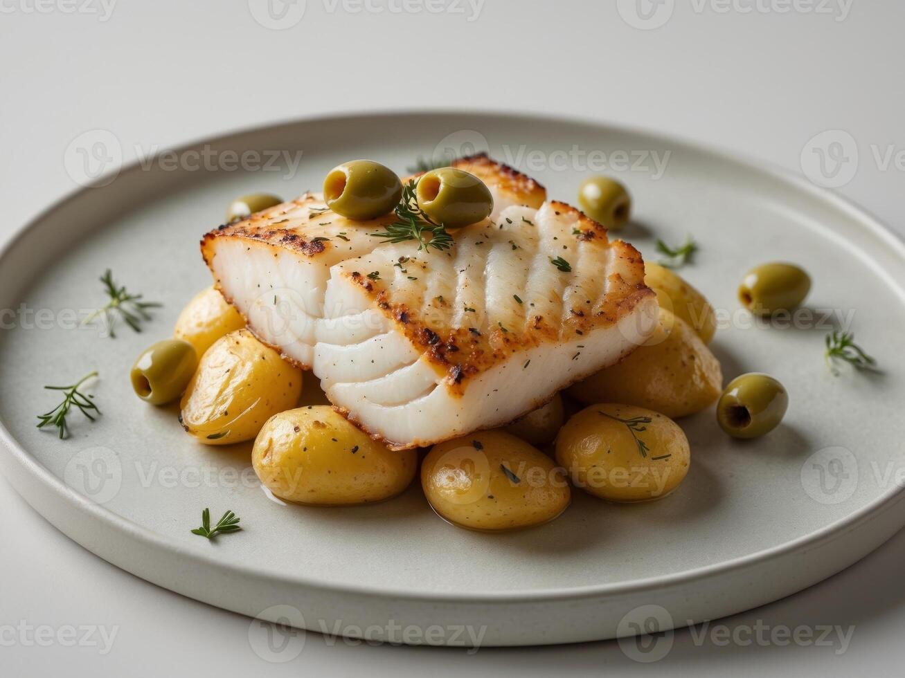A plate with a fish and potatoes on it photo