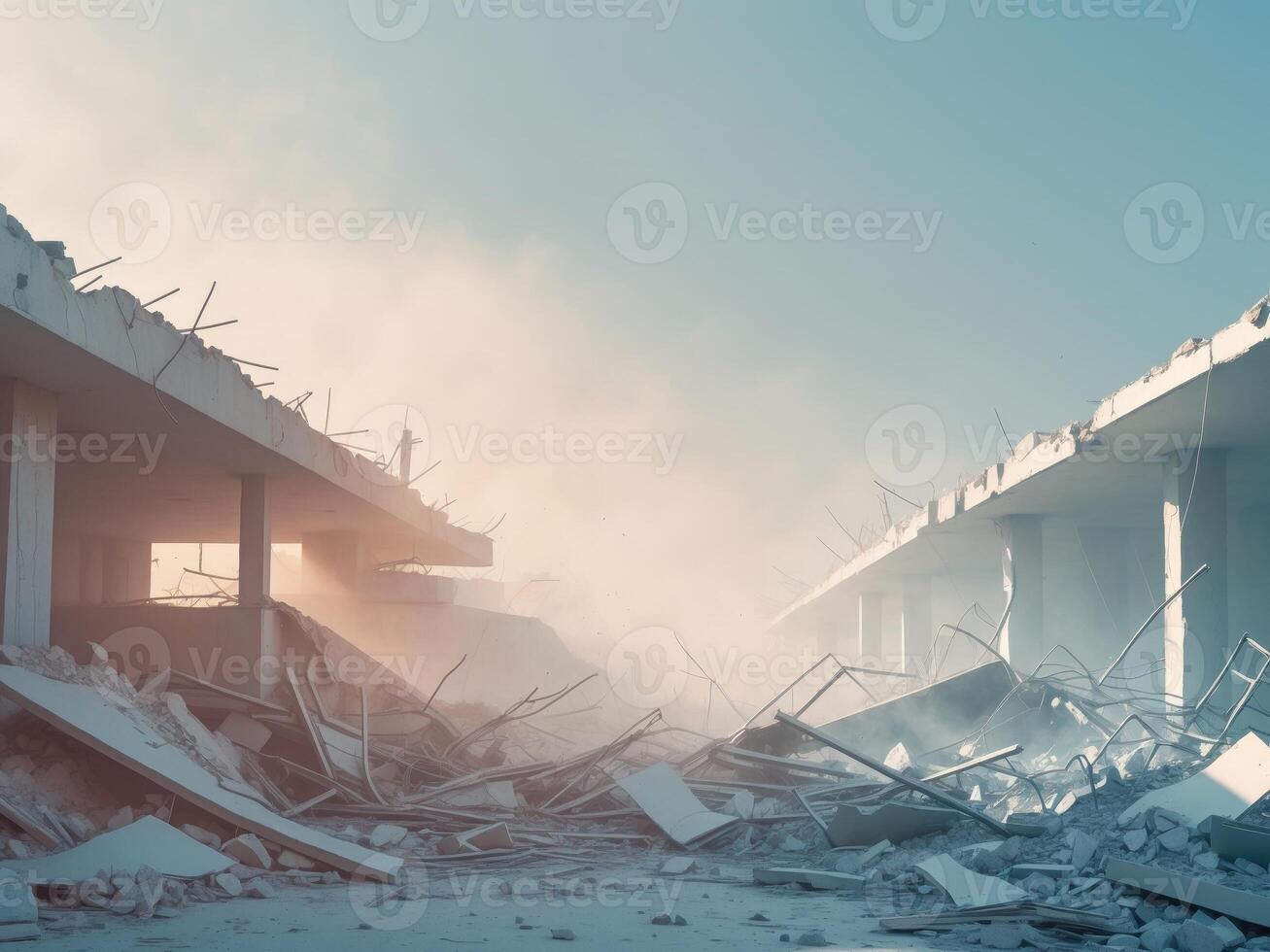 A large building with rubble and debris in front of it photo