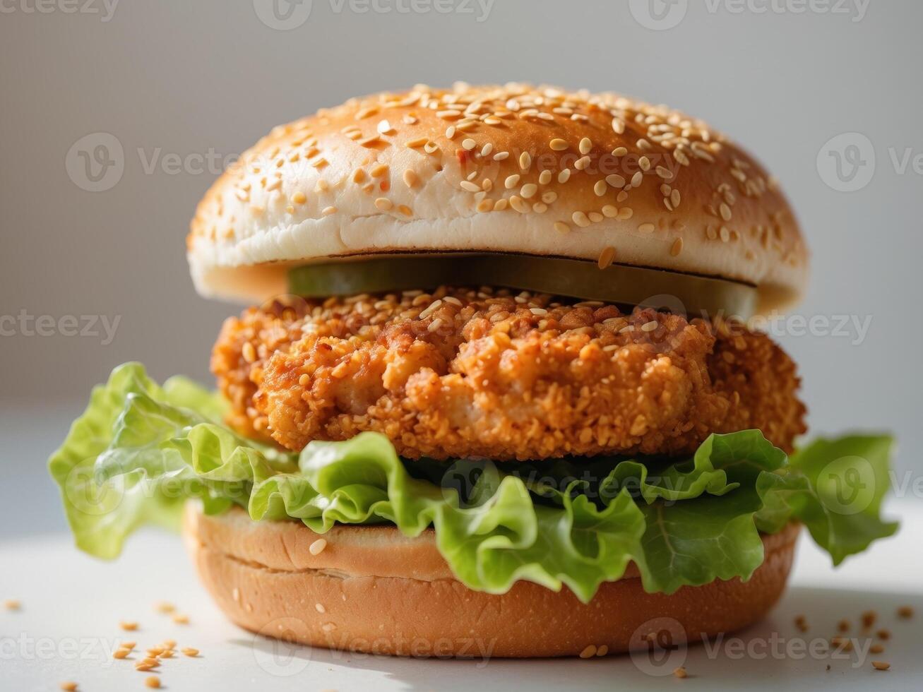 Juicy Crispy Chicken Burger with Sesame Bun - Delicious Fast Food photo