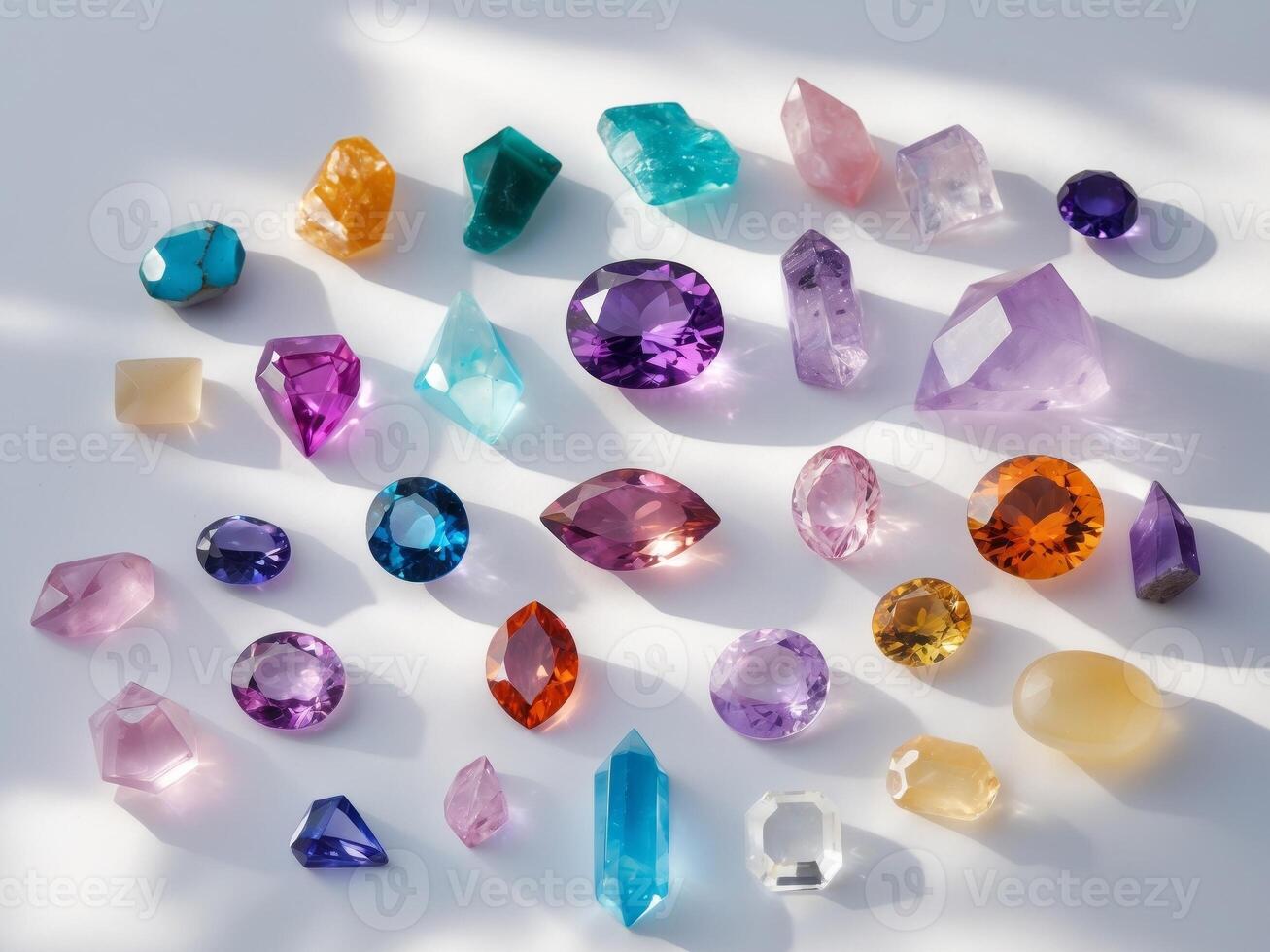 Display Colorful Gemstones and Crystals on a Bright Background for Visual Appeal photo