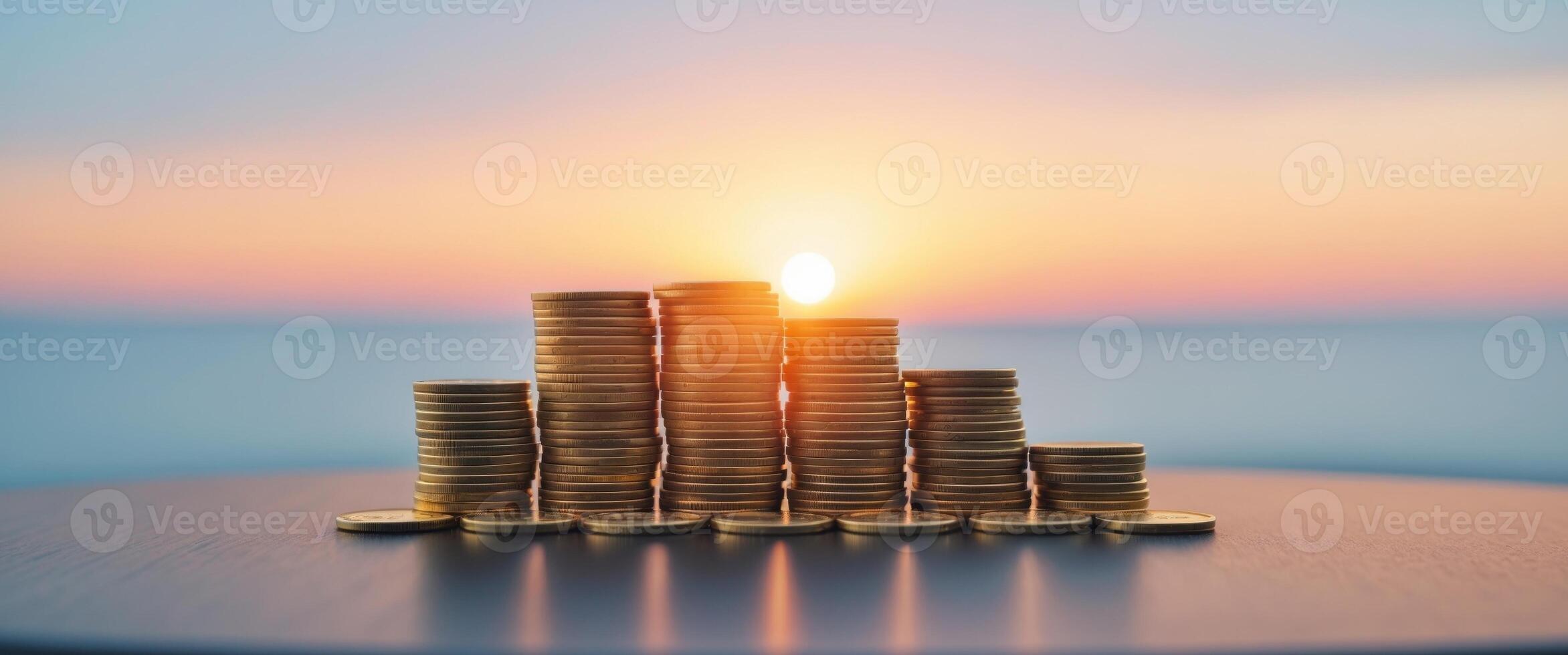 Stack of coins on a table with sunset in background. photo