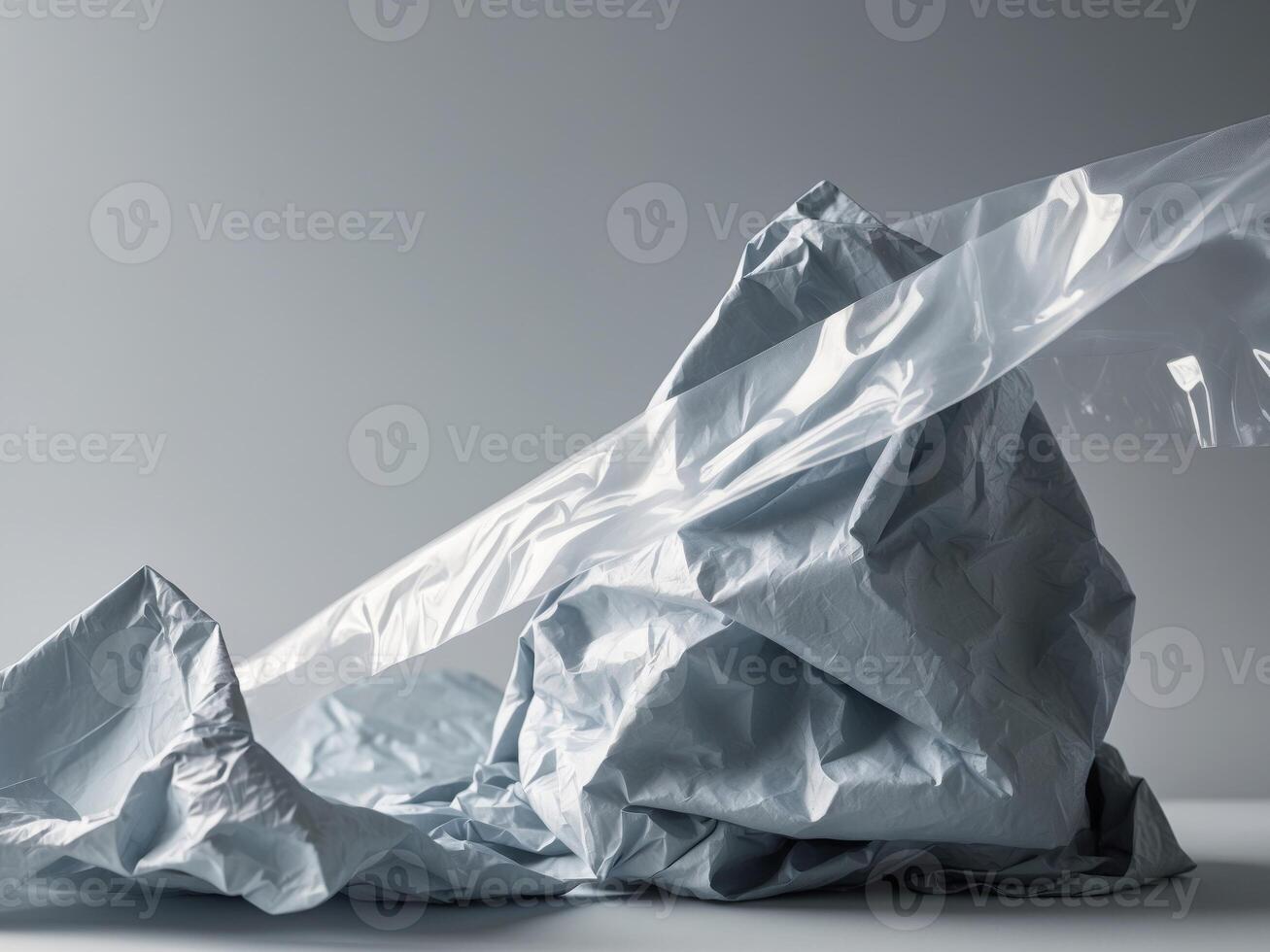 Tilted angle gradient gray plastic wrap overlay backdrop crumpled and draped textured cellophane material. photo