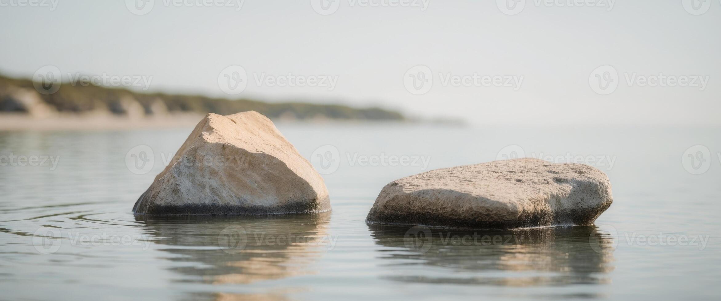 There are two rocks in the water near the shore photo