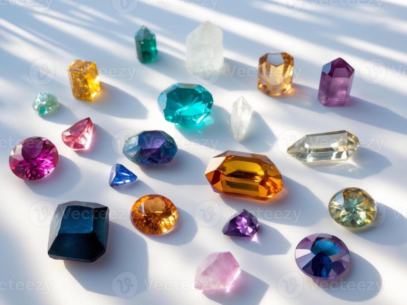 A variety of colorful gemstones arranged on a white surface photo
